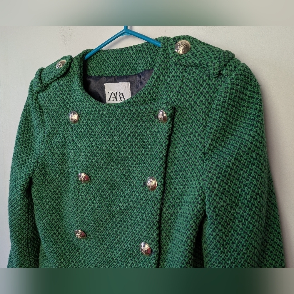 ZARA CROP Women Blazer Crochet Military Style Size XS Green And Navy Blue - Picture 2 of 10